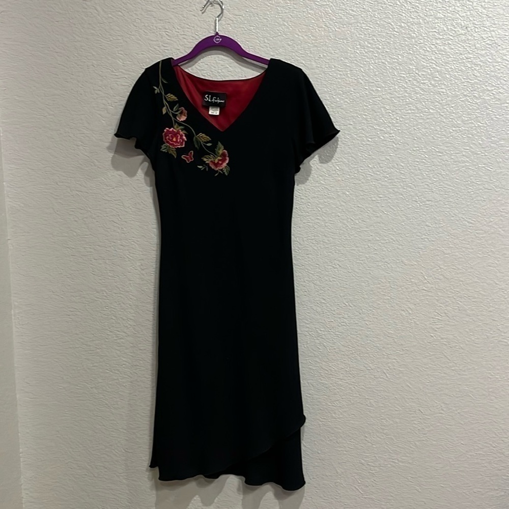 S.L. Fashions Black Cocktail Dress Sz 10 embroidered Whimsigoth Witchy TC0703